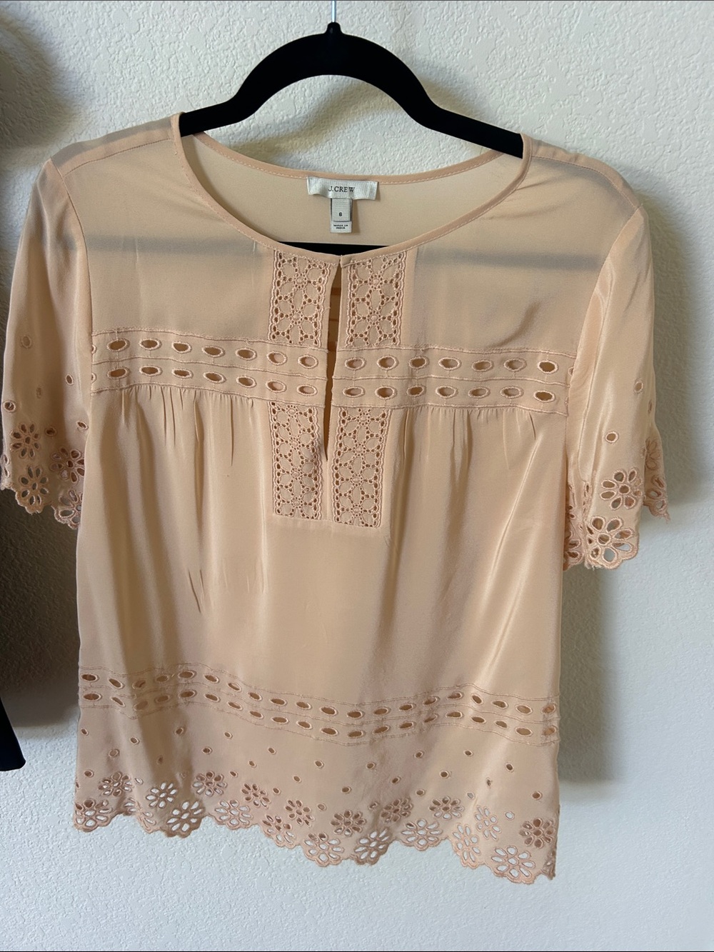 J. Crew Peach Eyelet Lace Trim Short Sleeve Blouse